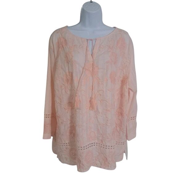Women's Peasant Top Chico's 3 XL 16/18 Embroidered Tassel Light Coral Pink Boho - Picture 1 of 6